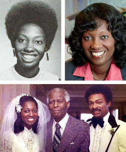 Black and white photo of Marshalyn Yeargin-Allsop in medical school at Emory and today. Another photo of Marshalyn, her father, and Ralph Alsopp on their wedding day. 